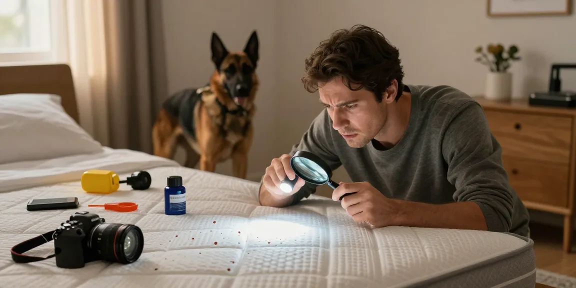 Homeowner inspecting mattress for bed bugs with a bed bug exterminator tools in a cozy bedroom