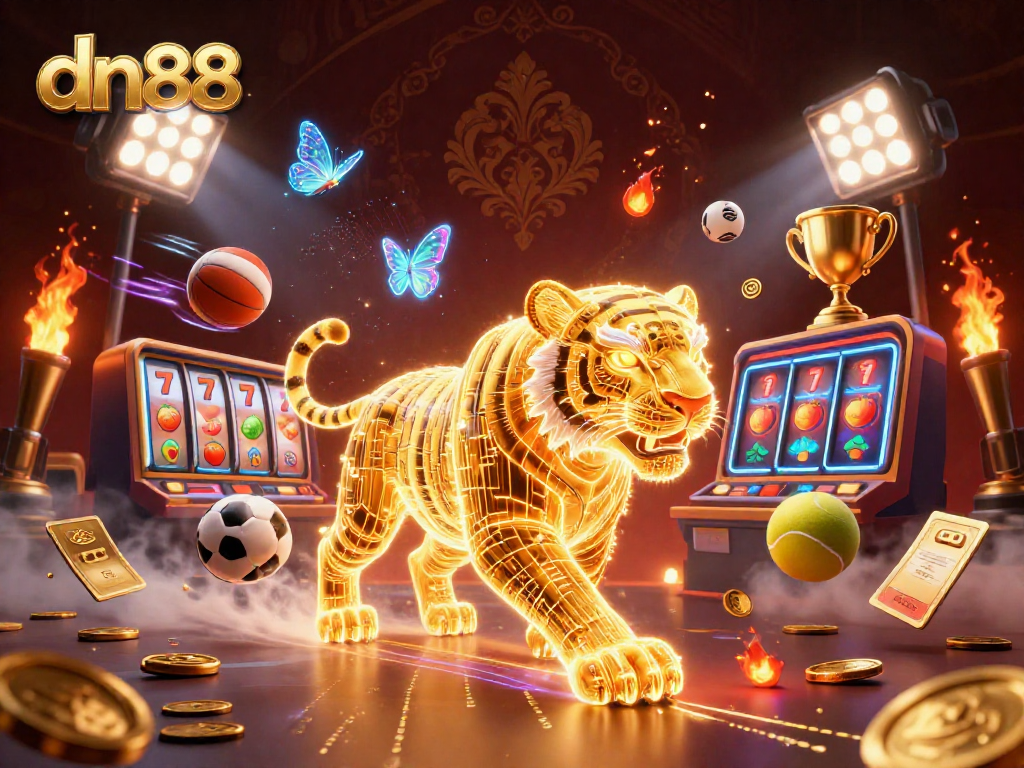 Experience the thrill of dn88 with a golden tiger in a dynamic casino landscape.