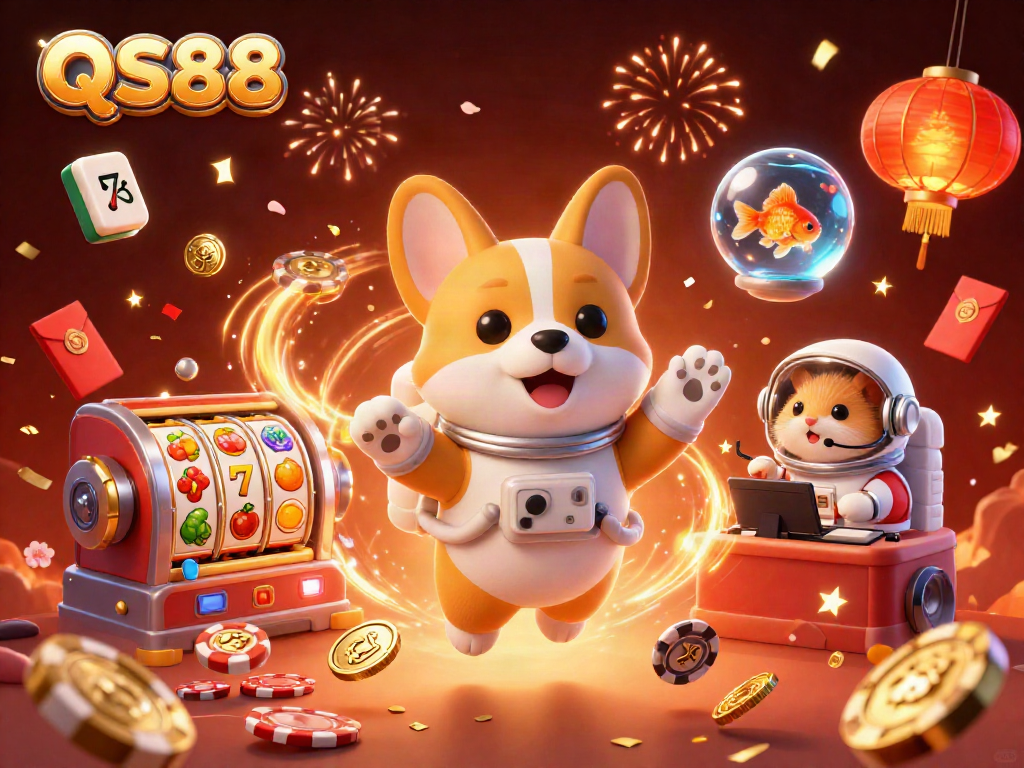Experience the dynamic world of QS88 casino with floating characters and vibrant game elements.