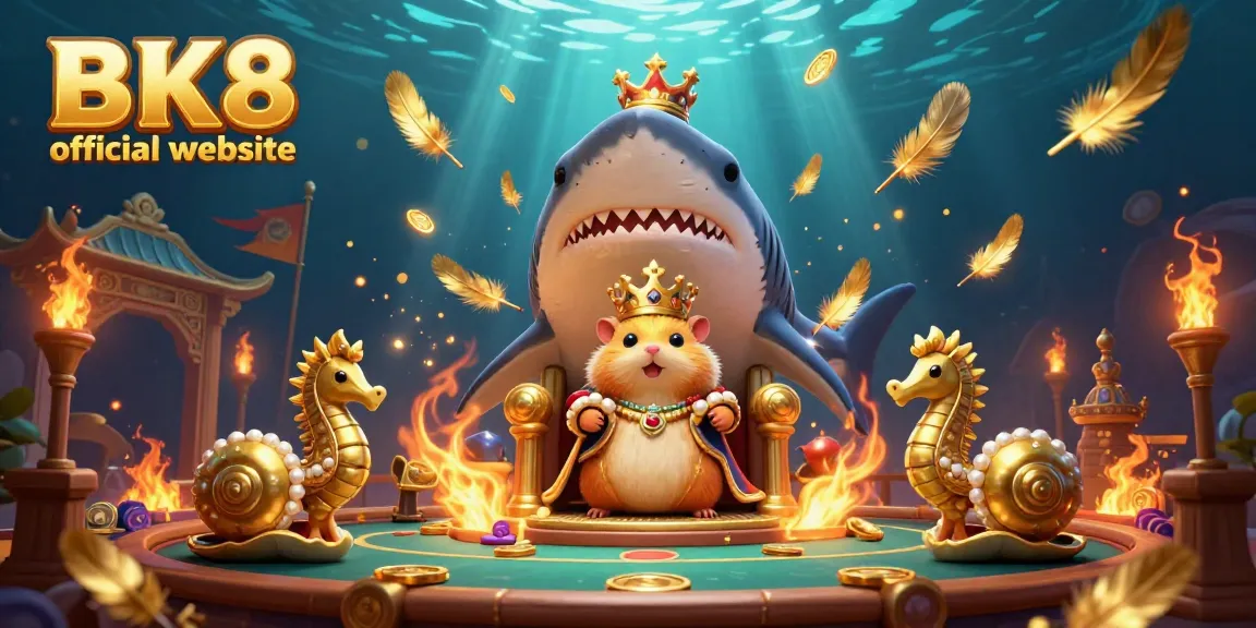 Experience the thrill of the BK8 official website with vibrant casino elements and a golden hamster king