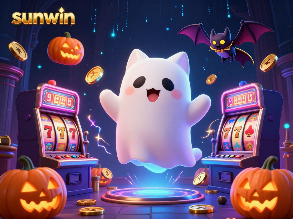 Engage with sunwin's thrilling casino experience featuring a ghost cat and thrilling slot reels.