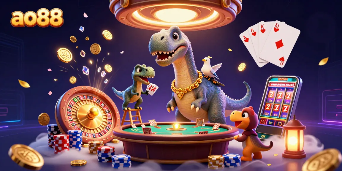 Engage in thrilling gameplay with ao88's animated casino scene featuring a towering brontosaurus.