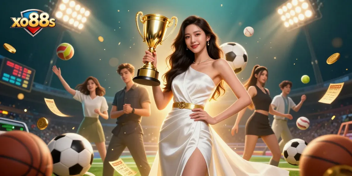 Experience thrilling sports betting excitement at xo88s with a stunning Asian woman holding a trophy in a vibrant casino scene.