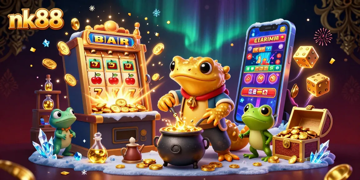 Experience the thrilling world of nk88 casino with an ultra-detailed 3D illustration showcasing alchemy and slot gaming magic.