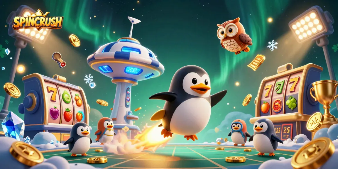 Engage with SPINCRUSH as a golden penguin soars toward a casino chip station, promising adventure.