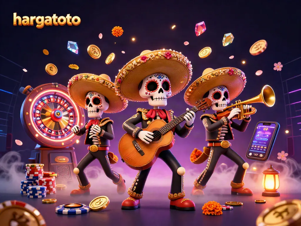 Experience hargatoto with a vibrant Day of the Dead mariachi band celebrating in a captivating casino scene.