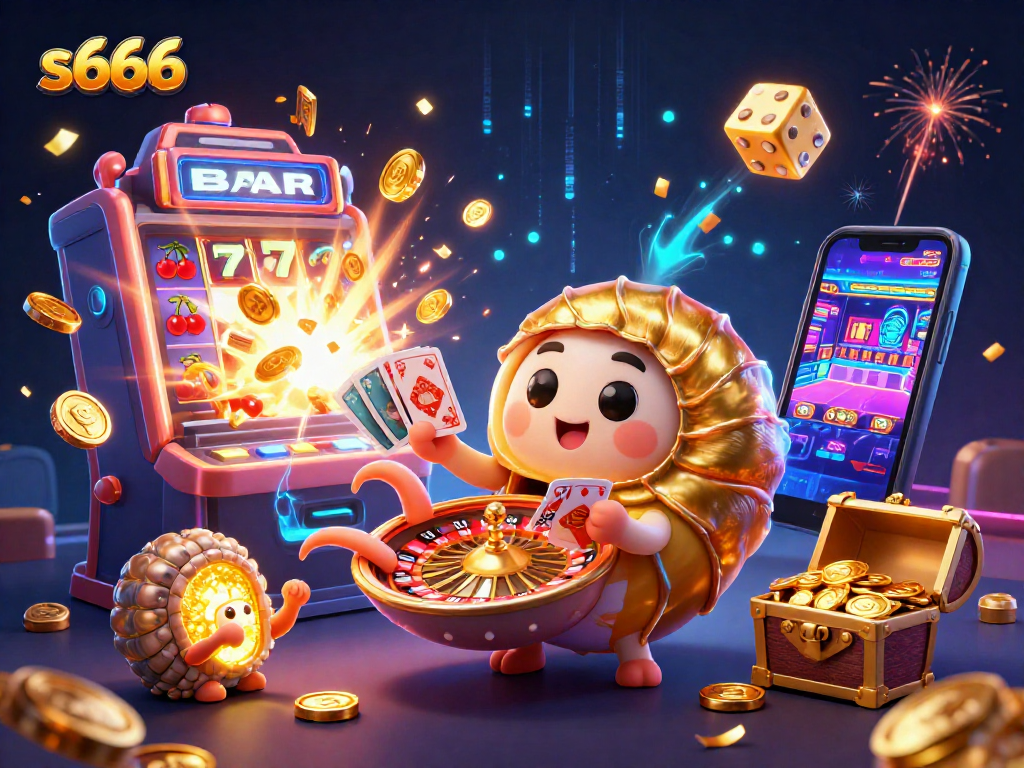 S666 offers thrilling gaming experiences with colorful slot machines and a giant nautilus themed roulette wheel.