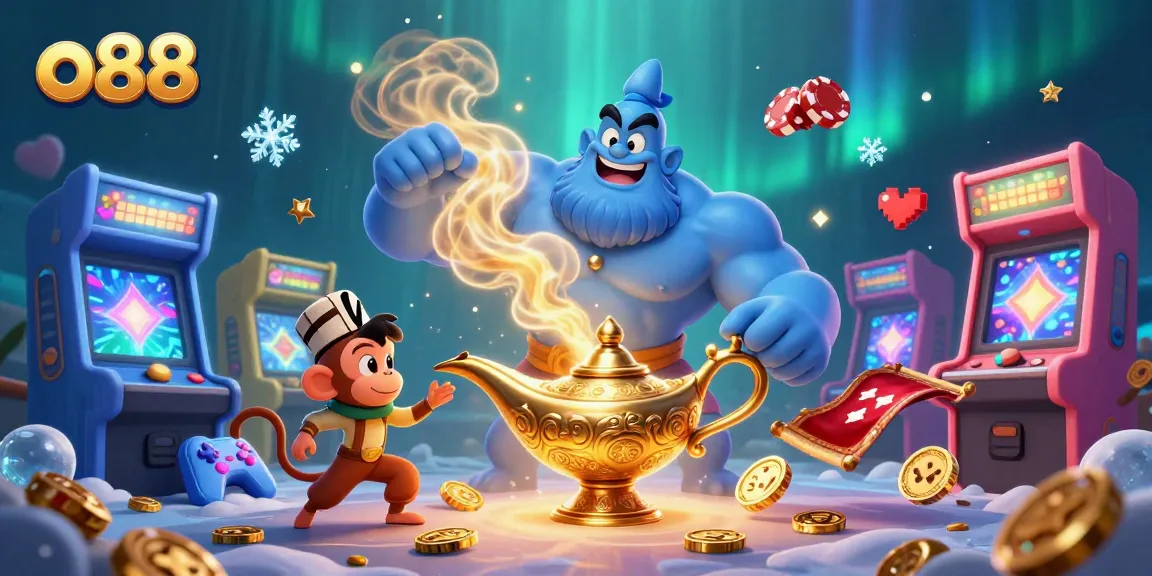 Join the adventures at o88 as the genie unveils a treasure of poker chips in this dynamic casino scene.