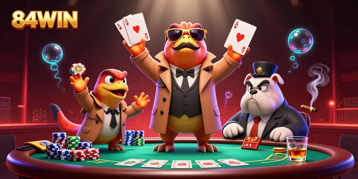 Experience 84WIN's unique casino atmosphere with raptors humorously disguised at a poker table.