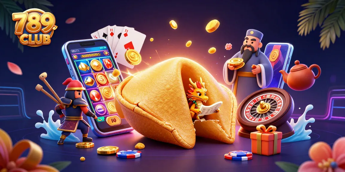 The vibrant scene highlights 789CLUB, showcasing a golden fortune cookie with a wise dragon, surrounded by casino-themed elements like a smartphone and slot games.