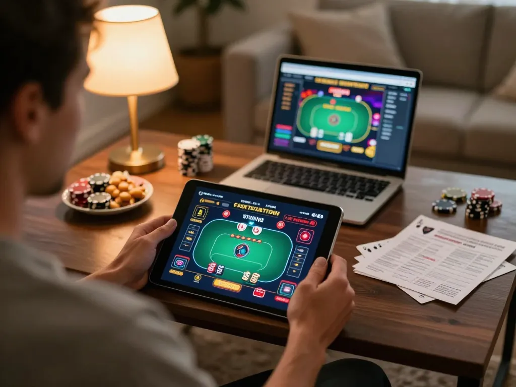 Engaging online gaming session at https://shbet.id/ featuring colorful poker interface and cozy home setup