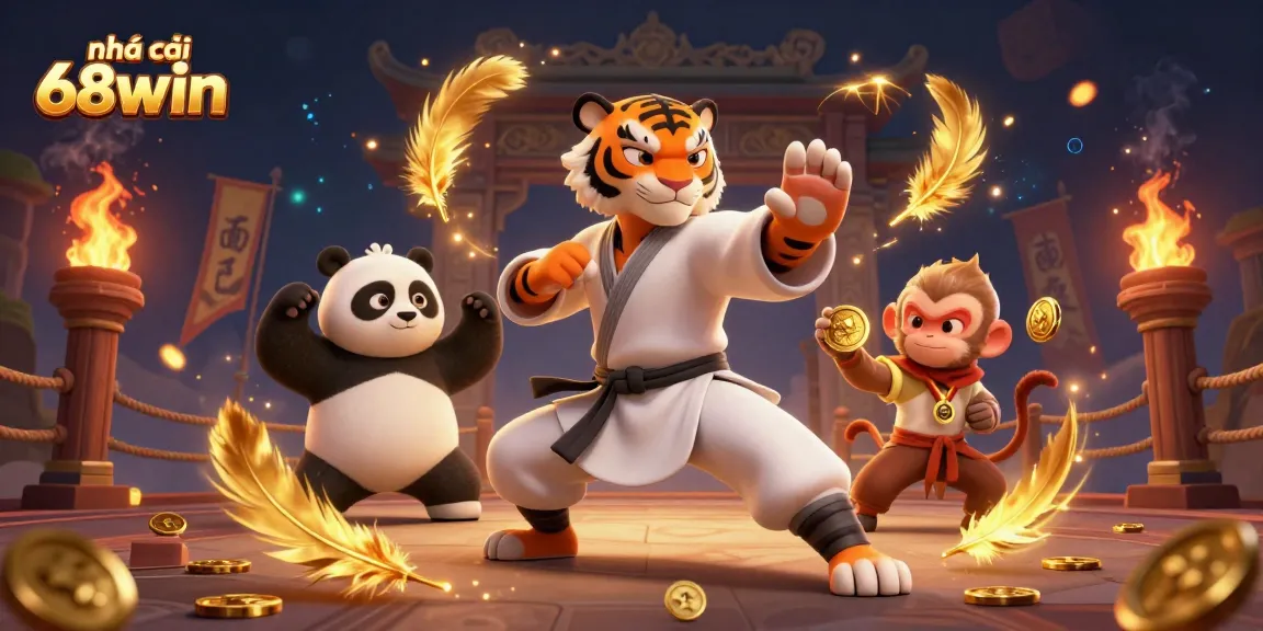 Experience the thrill of gaming at nhà cái 68win with kung fu tiger and panda disciples in an energetic casino setting.