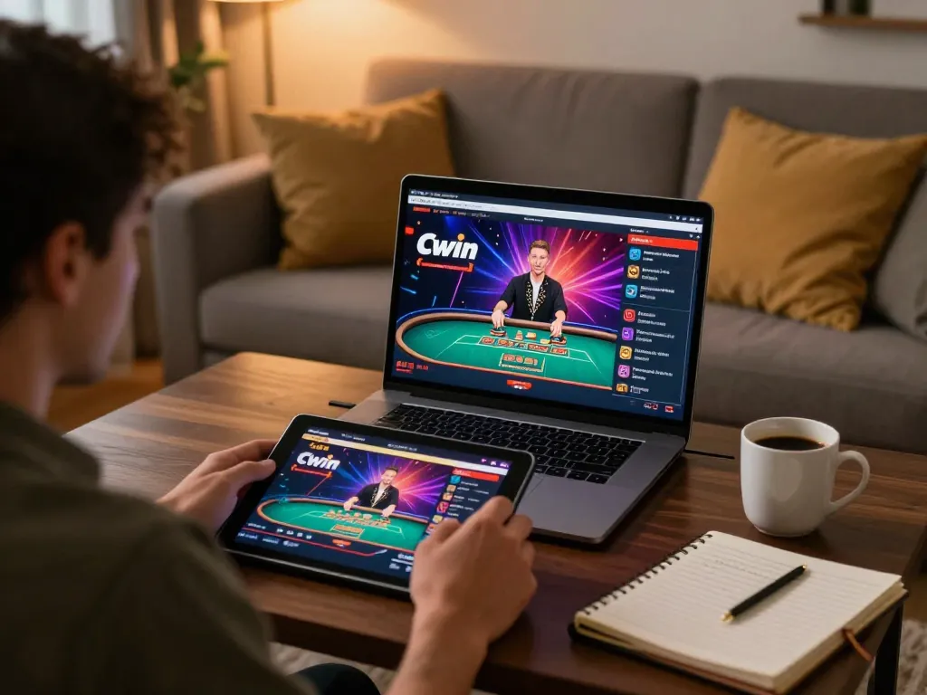 Cwin online gaming: user engaging with live dealer game on tablet in cozy home setting.