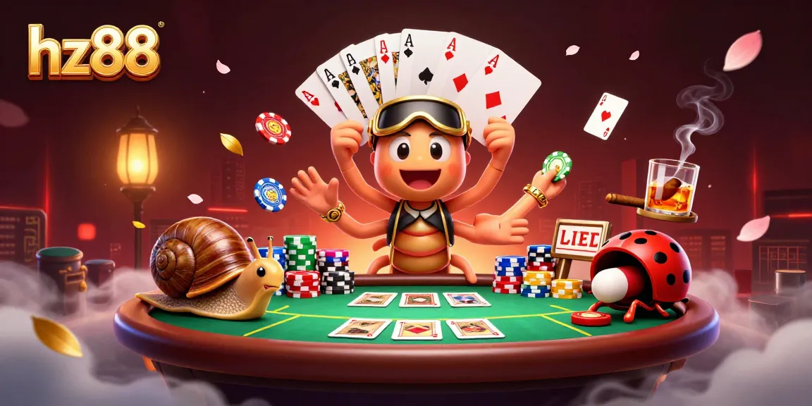 Experience thrilling poker action with hz88’s cartoon millipede dealer in an exciting casino scene.