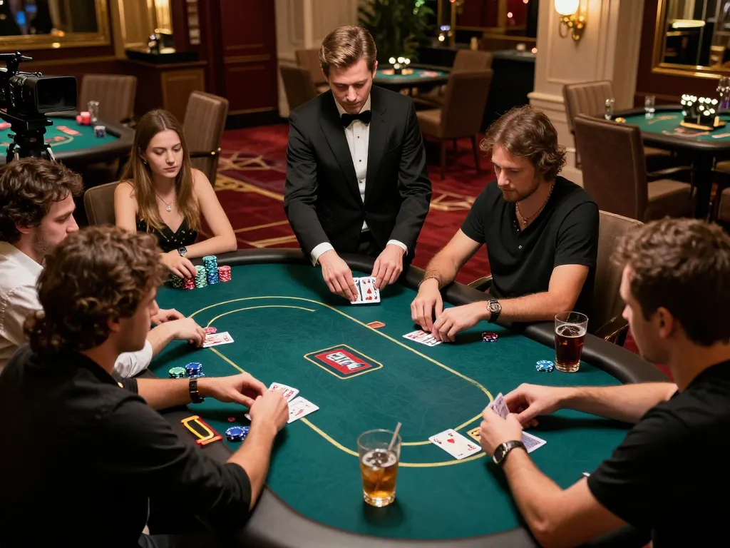 Topzo players engaged in a high-stakes poker game at a luxurious casino table, capturing the intensity of casino action.
