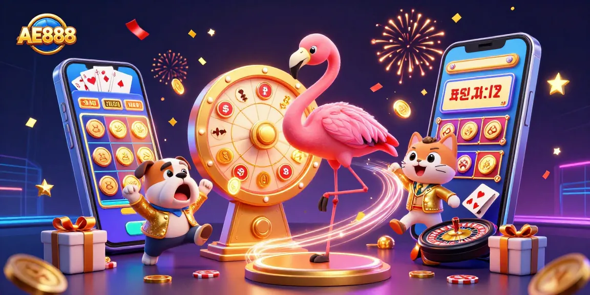 Spin the giant prize wheel at AE888 with a joyful bulldog and scoreboard assistant amidst dynamic casino elements.