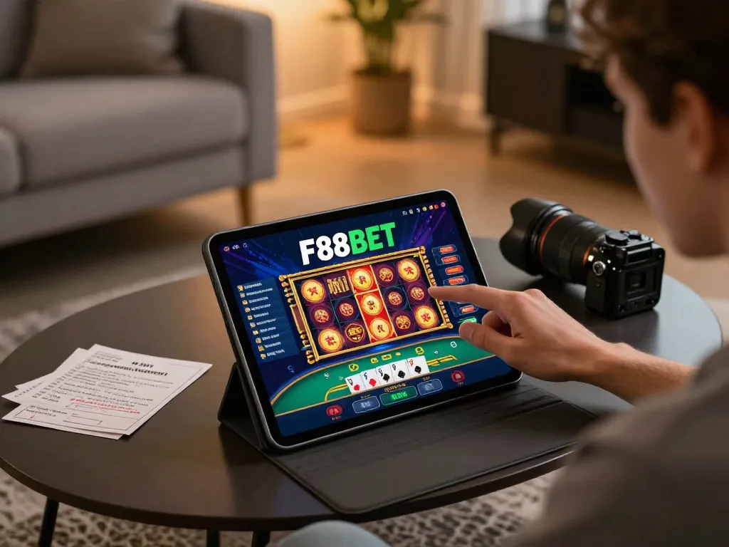 Engaging with the F88BET app on a tablet, showcasing strategic gameplay and responsible gambling.
