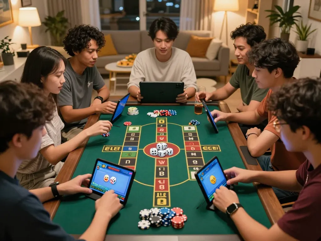 Friends enjoying a lively session of tài xỉu online with colorful chips and devices in a cozy setting.