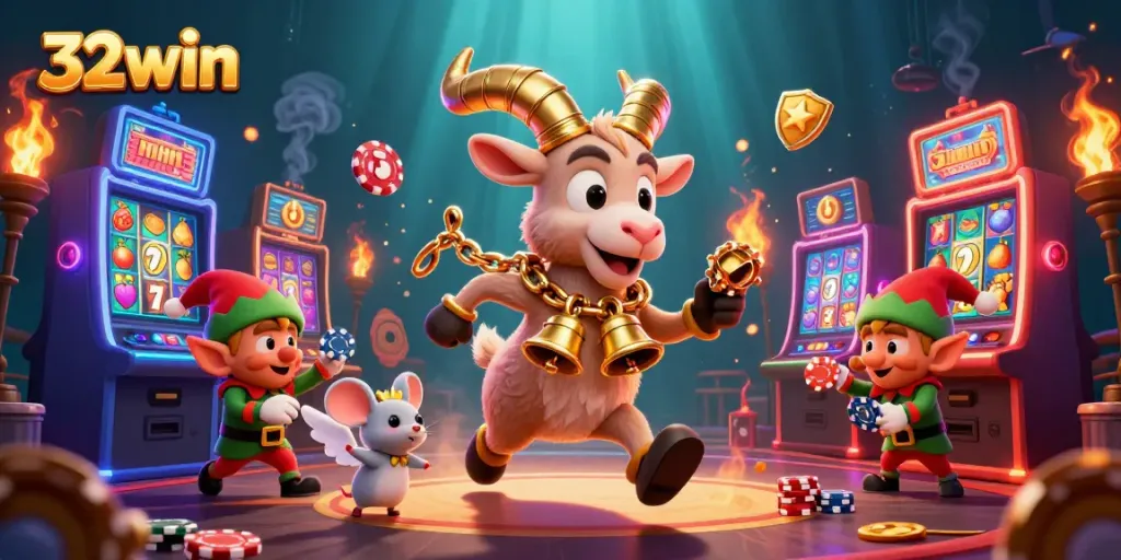 32win casino scene depicts a Krampus goat overseeing slot machines while angel mice and elves playfully interact.