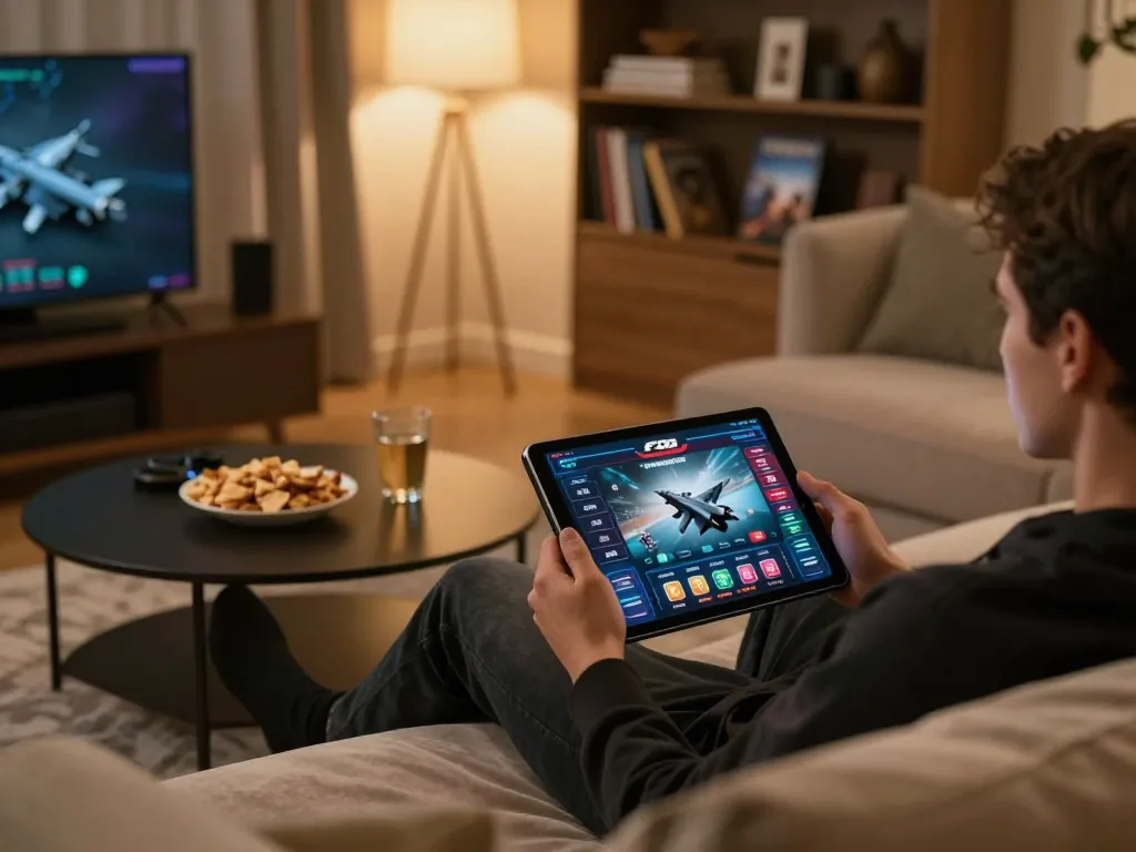 Person engaging with the F168 casino app on a tablet in a comfortable home setup, showcasing online gaming experience