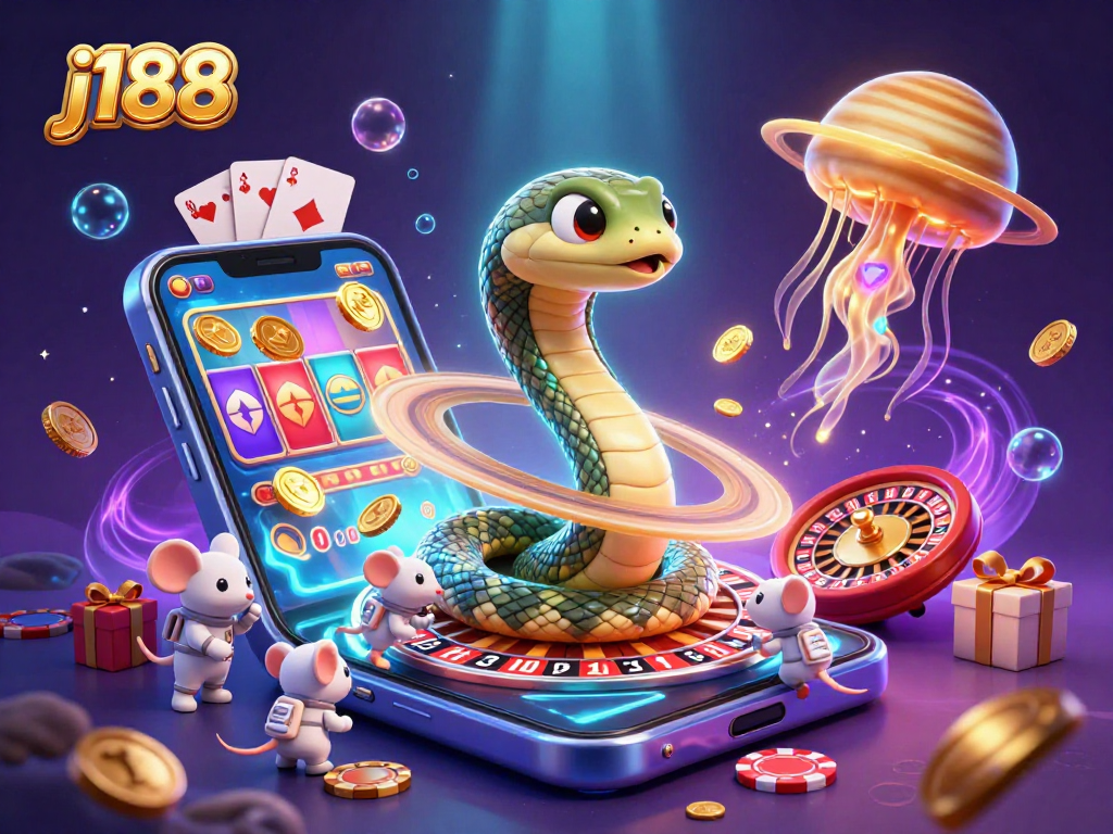 Experience thrilling gaming at j188 with 3D cosmic betting scene illustrating roulette and slot excitement.