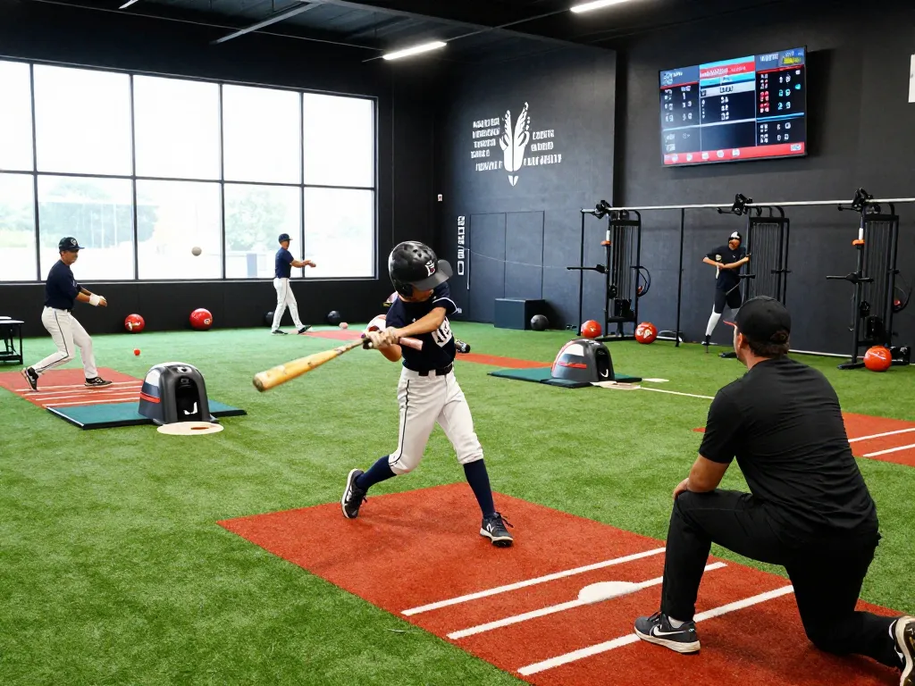 Hitclub training session with young batters practicing swings in a bright indoor facility, showcasing dedicated coaching and equipment.