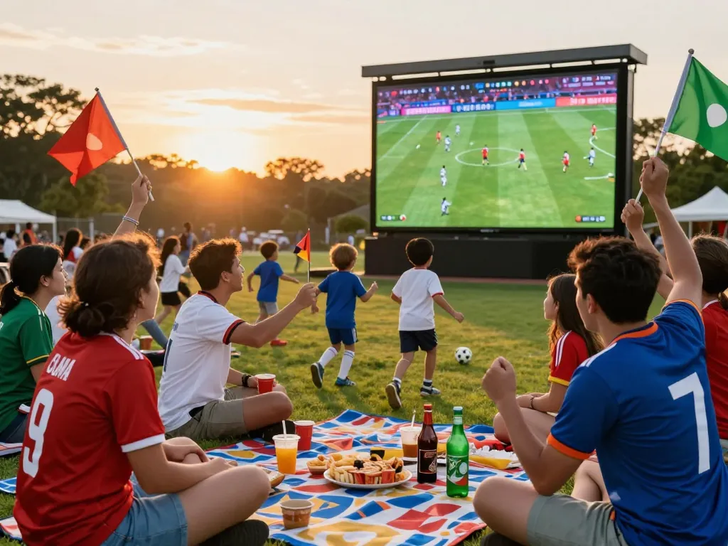 Okwintv fans enjoying a live soccer match in an outdoor setting, cheering with team spirit.