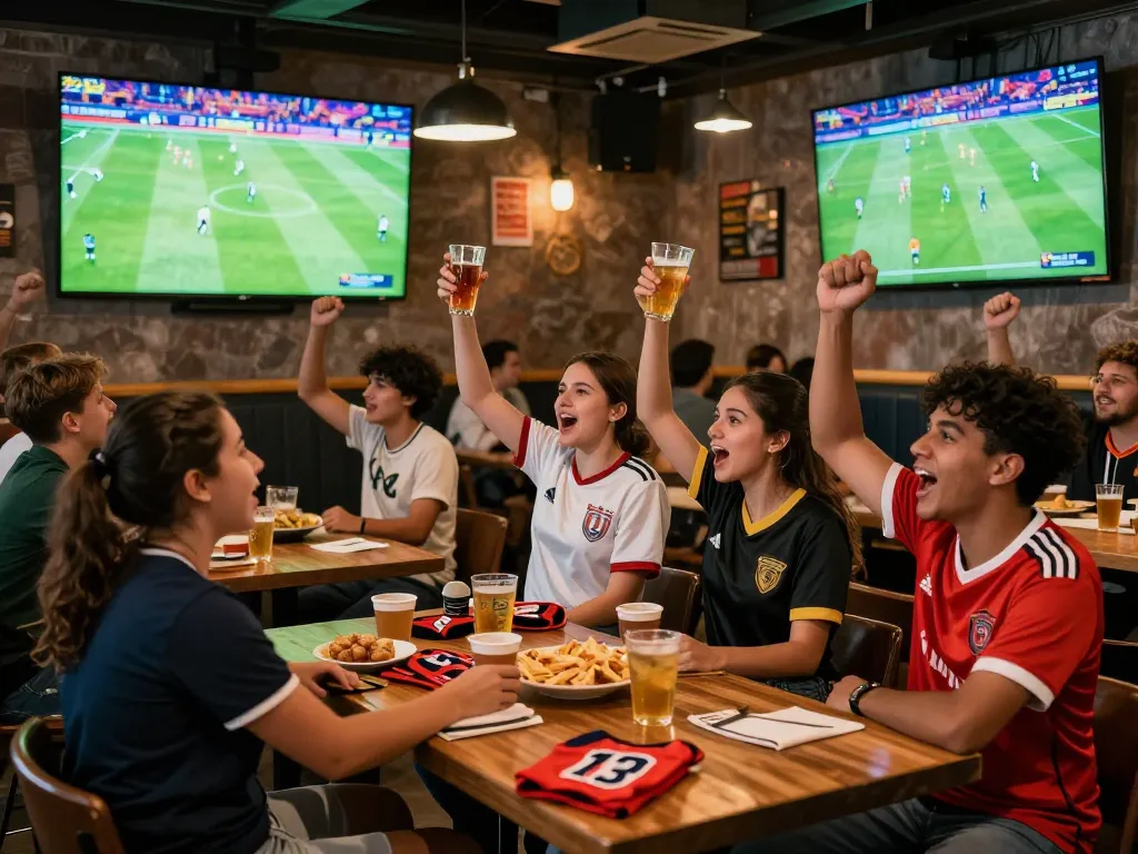 Fans enjoying Okwintv live football match in a vibrant sports bar atmosphere