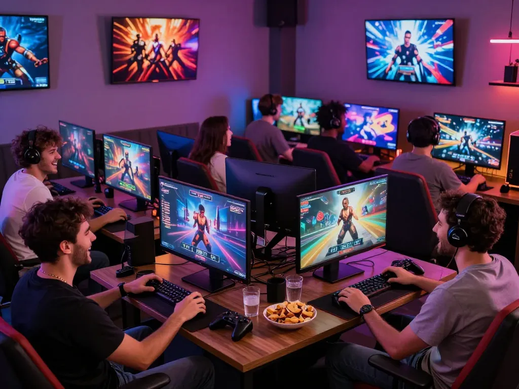 Group of gamers enjoying interactive porn game in a vibrant lounge setting.