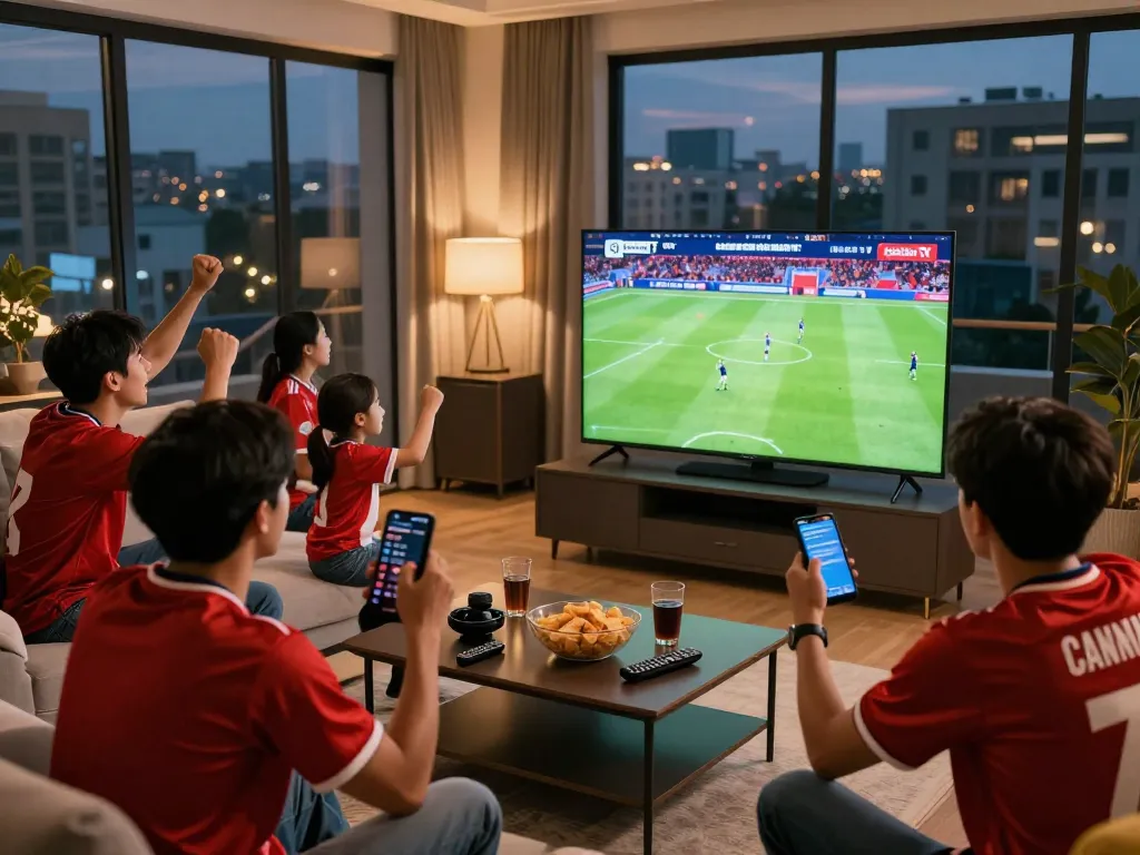 Exciting live sports scene showing fans streaming trực tiếp bóng đá cakhiatv in high definition, celebrating together.