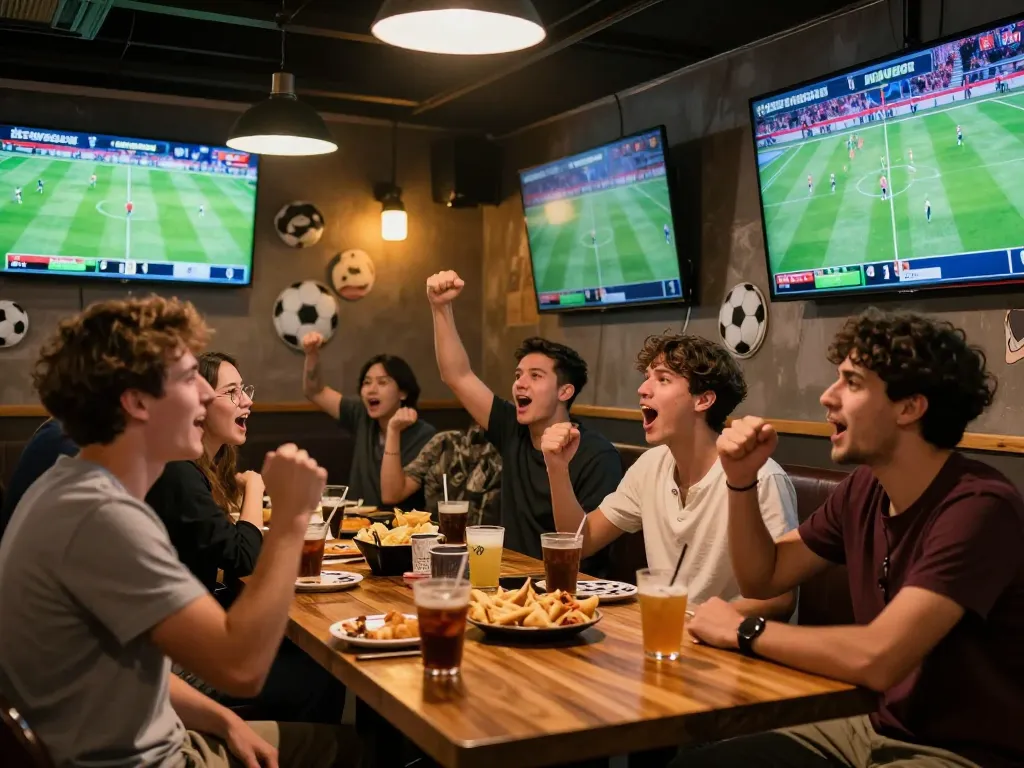 Excited fans cheering for live football scores on NOWGOAL in a lively sports bar.