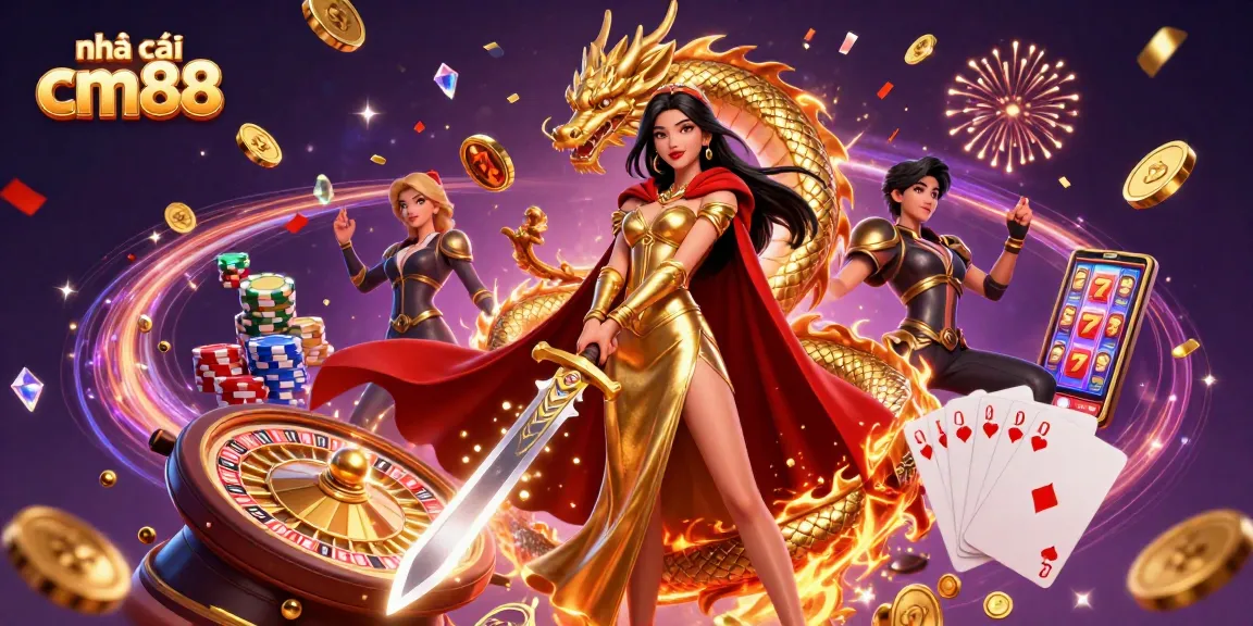 Experience the excitement at nhà cái cm88 with a dynamic casino scene featuring a warrior queen.