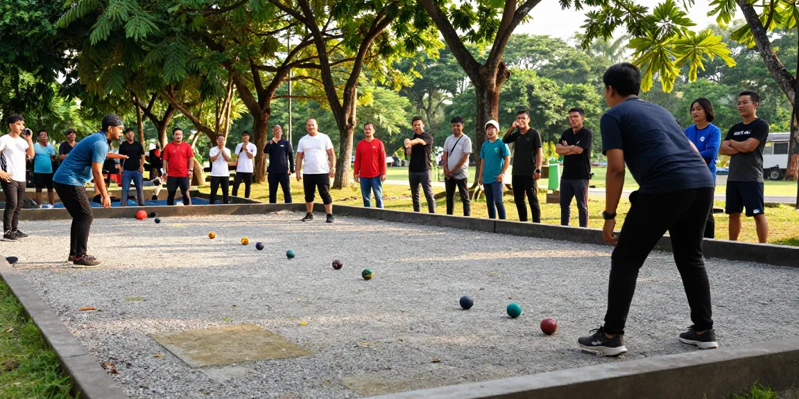 Petanque players at fopikotamakassar.org engaging in an exciting game at a sunlit park.